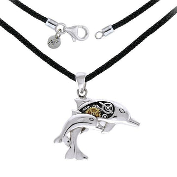 Steampunk Dolphins Sterling Silver Necklace Set MSE690P - Jewelry